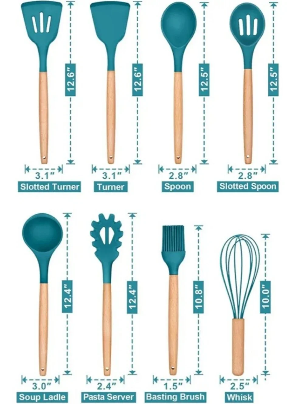 4/$15 🌻 Wood Handle Teal Silicone Kitchen Utensil Set - 8 Piece